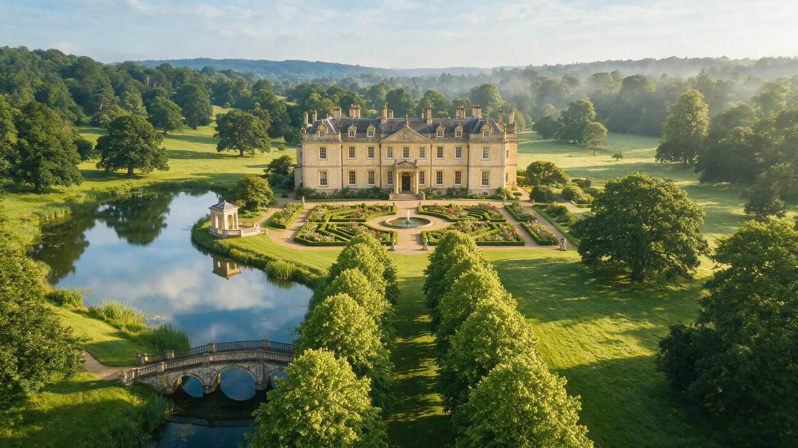 Ashbourne Park from the air, showing the house, gardens, lake and parkland