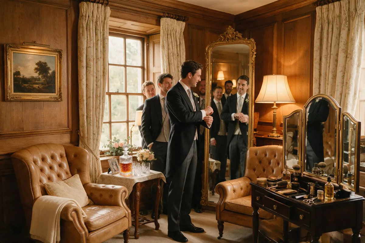 The Gun Room, the groom adjusting his cufflinks at a full-length mirror