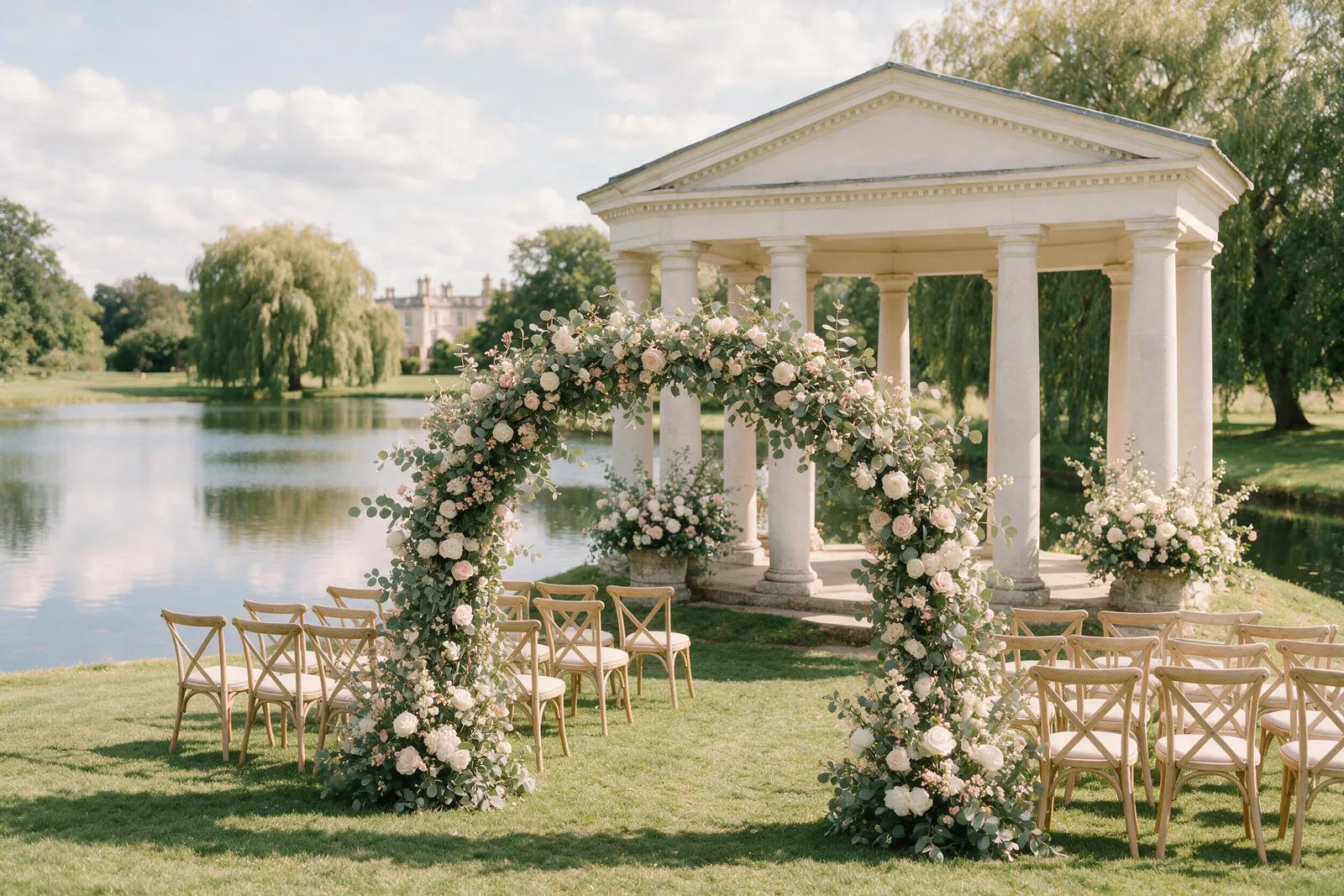 The stone ceremony temple at the edge of the lake at Ashbourne Park, set with chairs and a floral arch