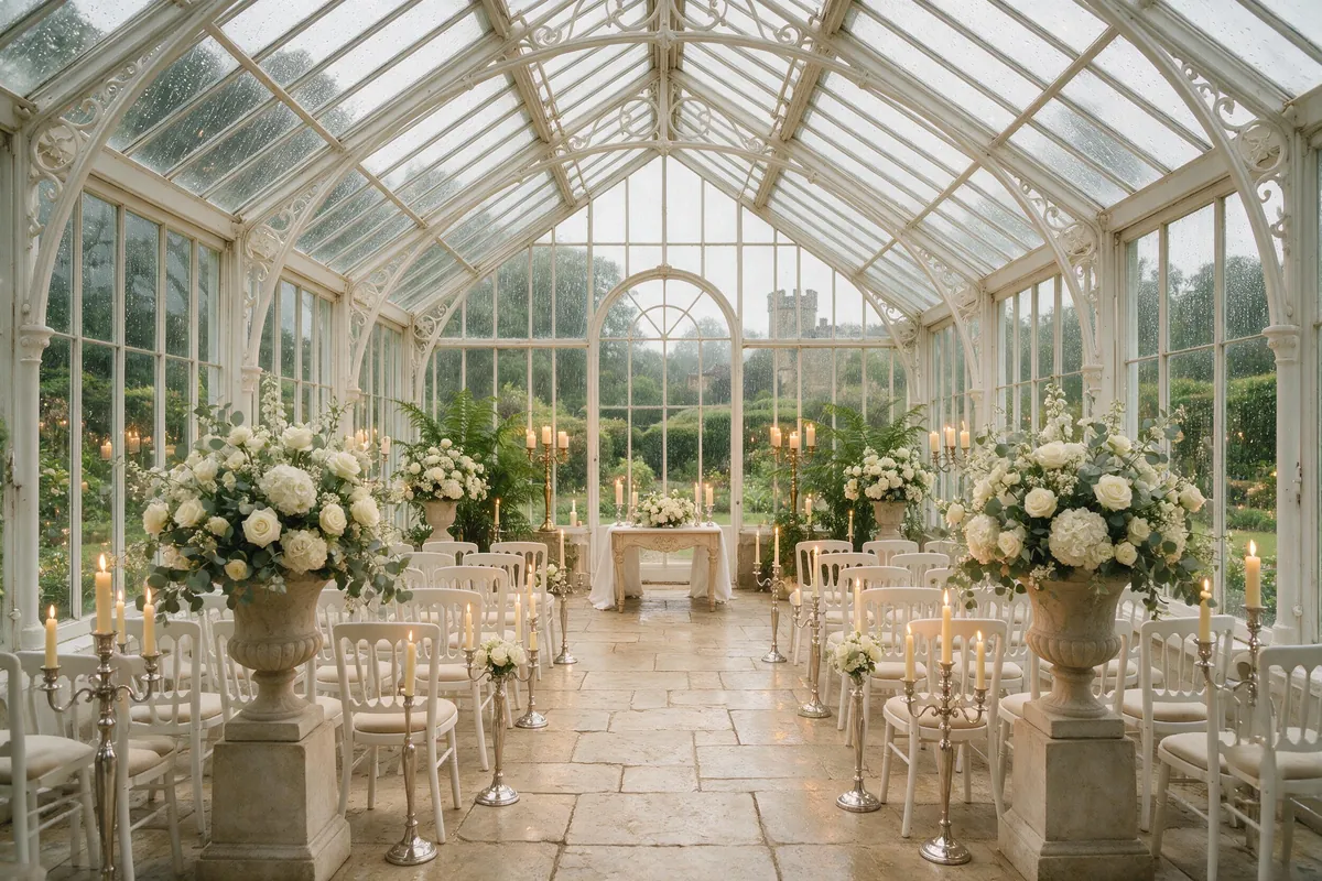 The glass orangery dressed for a ceremony with candles and urns of flowers